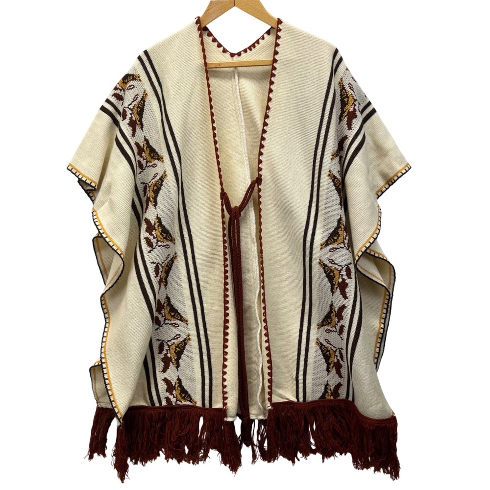 Vintage 70s‎ Sweater Poncho Serape Womens OS Cream Brown Fringe Tie Front Cape